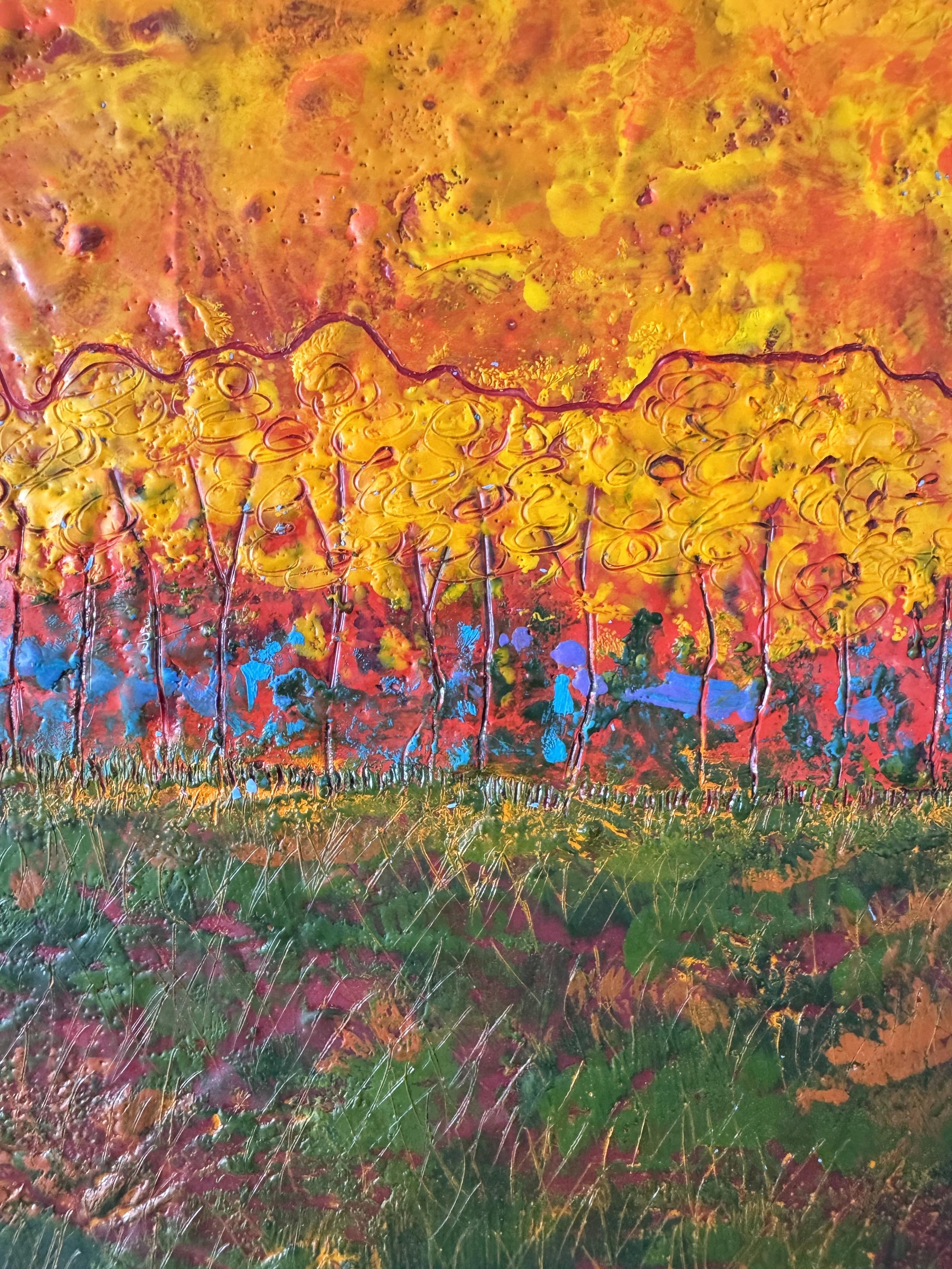 encaustic painting of peak foliage season in Vermont with brightly